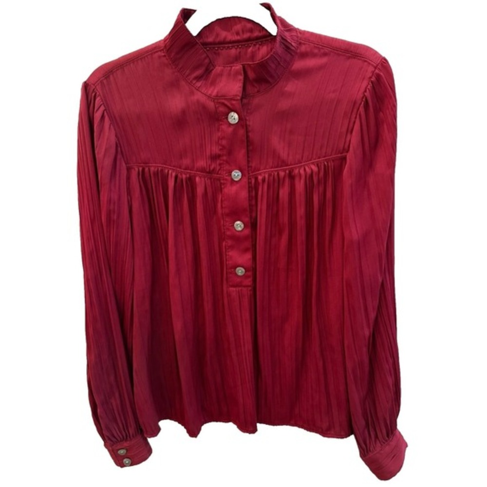 Anthropologie Size M Burgundy‎ Satin Crinkle Pleat Popover Tunic Blouse